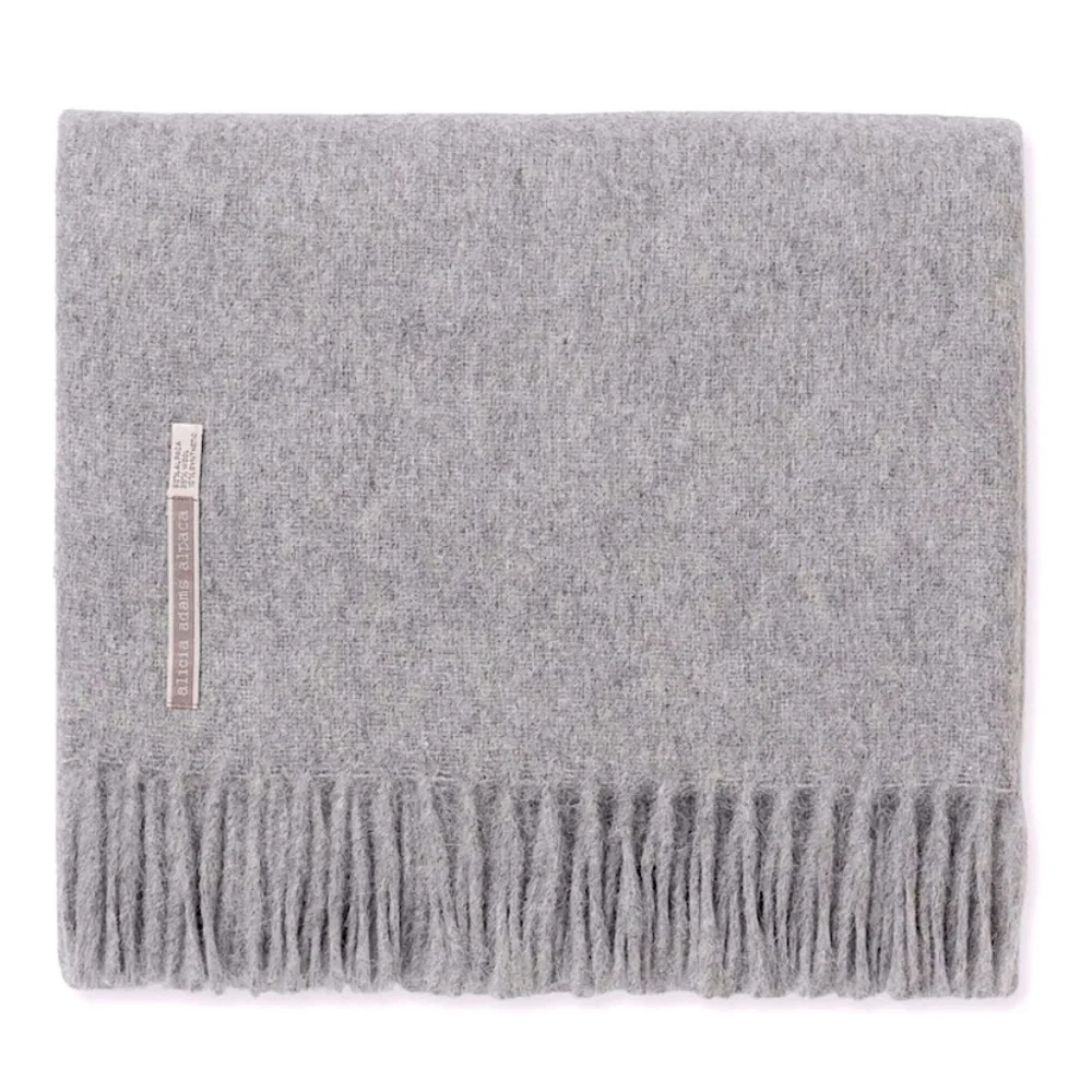 ALICIA ADAMS CLASSIC ALPACA WOOL PATMOS FRINGE THROW BLANKET LUXURY LOUNGE Gray